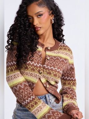 Fashion Nova Brown Fair Isle Button-Front Cardigan with Yellow and Cream Accents
